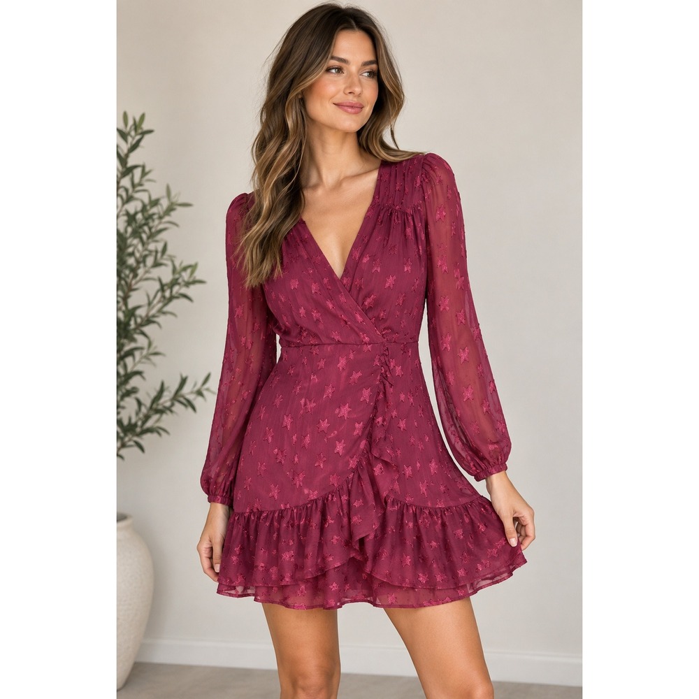 Yumi Kim NWT Star Jacquard Ruffle Mini Dress Burgundy Size Small